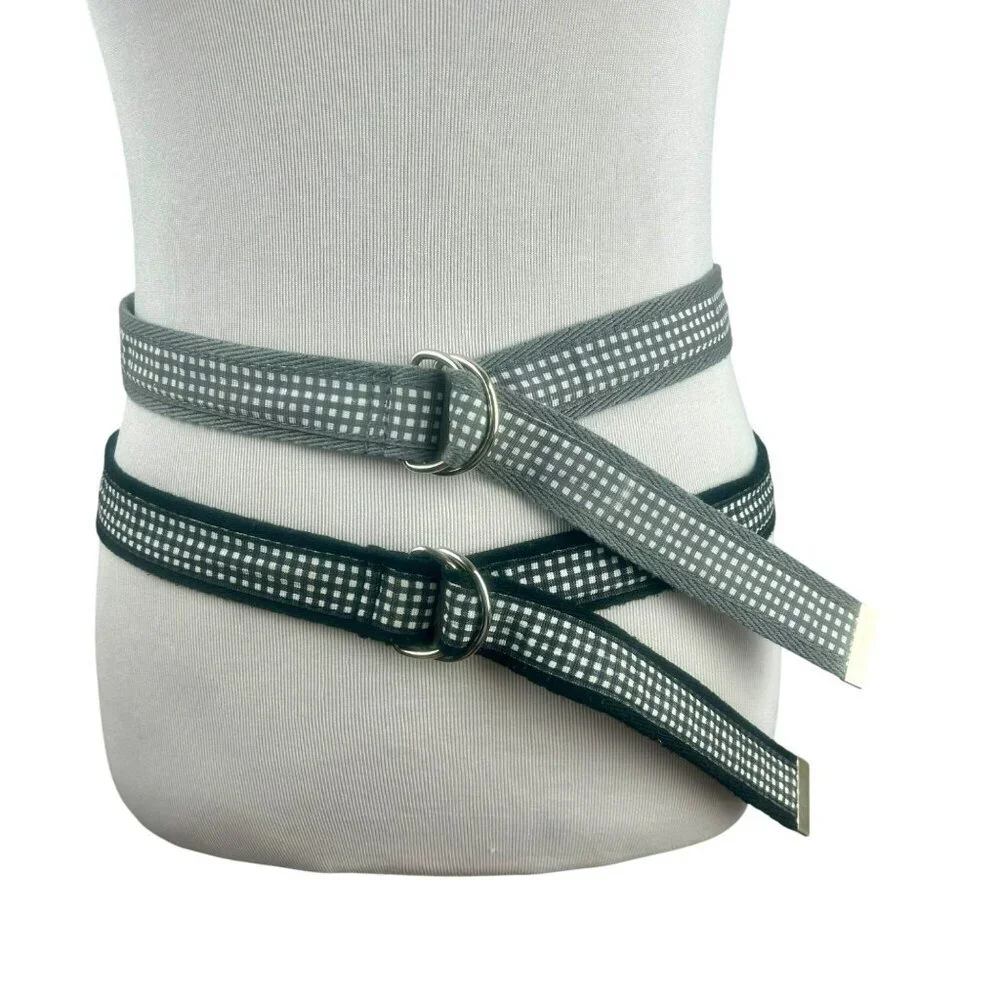 Karen Scott D Ring Belt Women Plus 24 Black Gray Set‎ of 2 Gingham Plaid Ribbon
